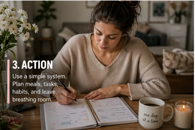 mom using a weekly planner to organize meals tasks and appointments