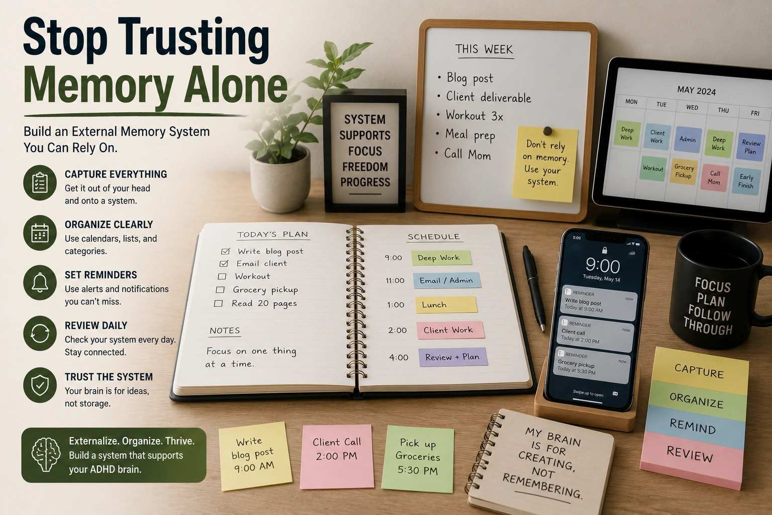 ADHD external memory system with reminders and structured planning