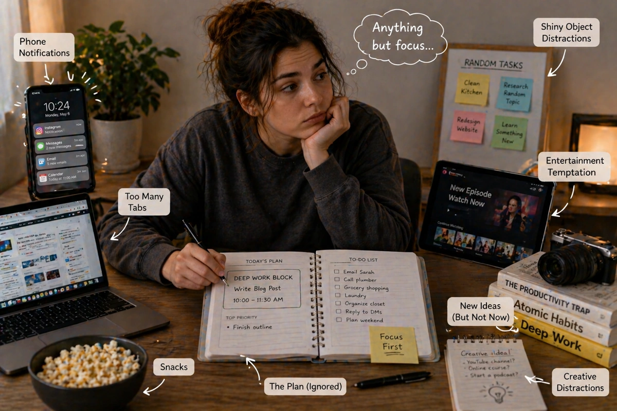 ADHD focus escape through distractions during deep work