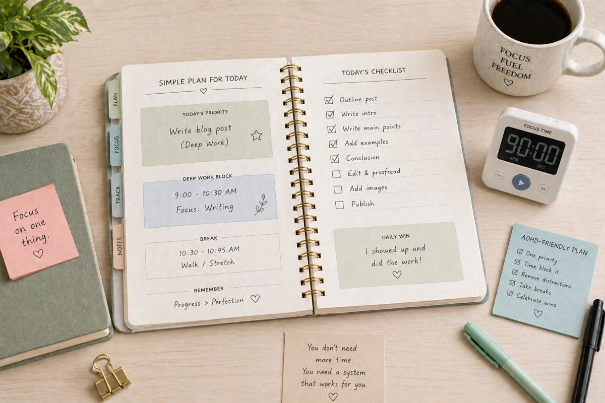 ADHD friendly planning system with simple deep work blocks