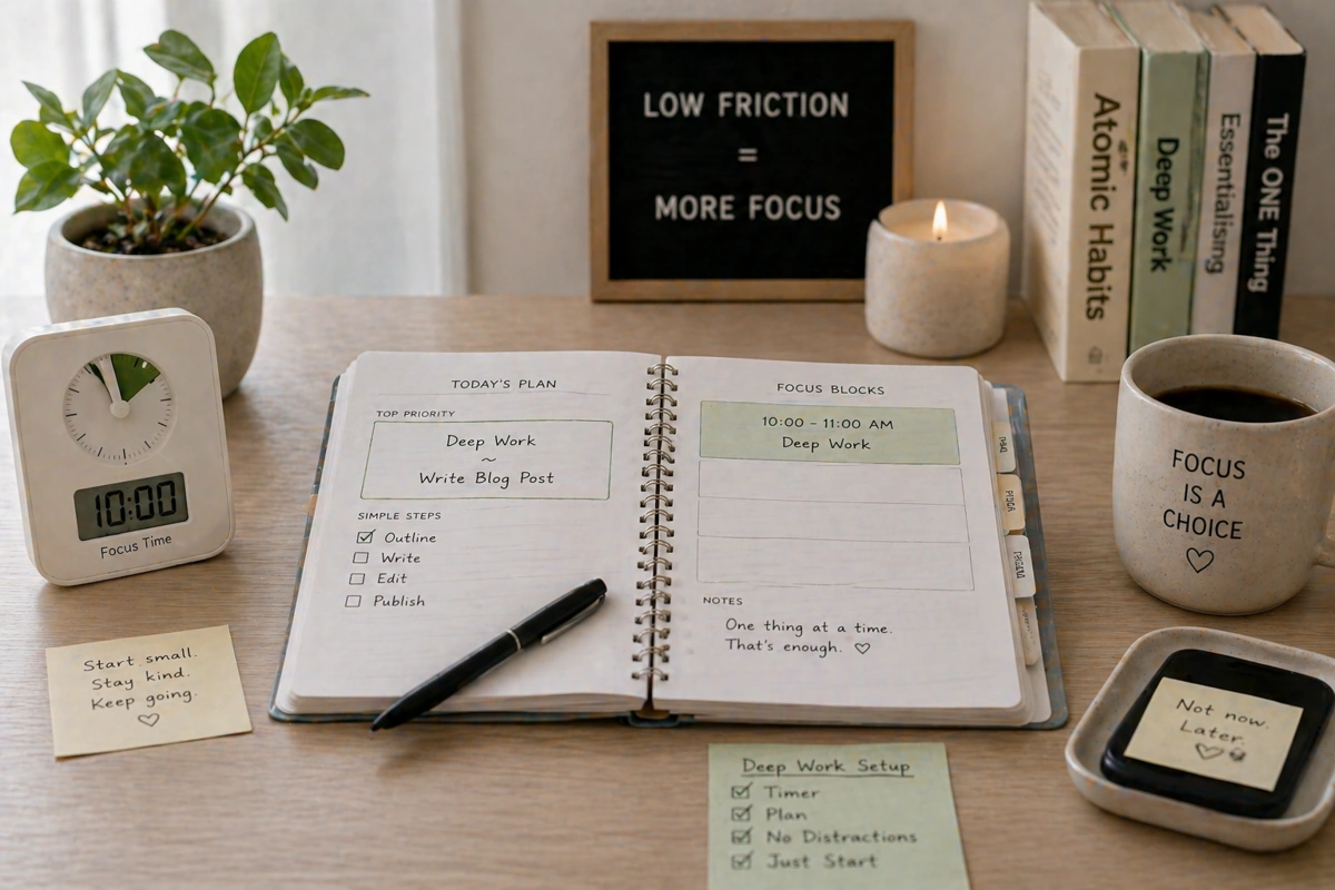 low friction ADHD deep work setup with planner and timer