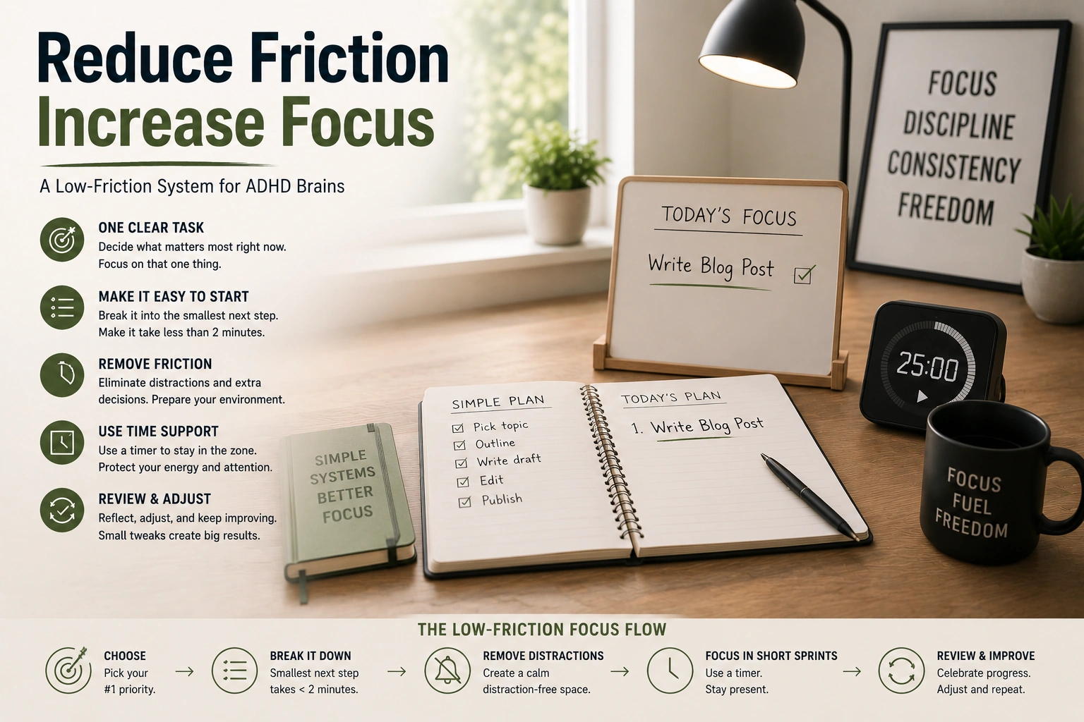 low friction ADHD focus system for meaningful work execution