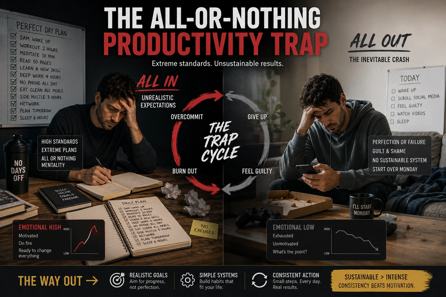 all or nothing productivity trap causing inconsistency and burnout