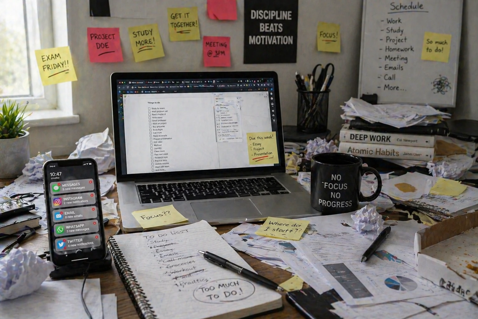 chaotic workspace with no focus system scattered tasks and distractions
