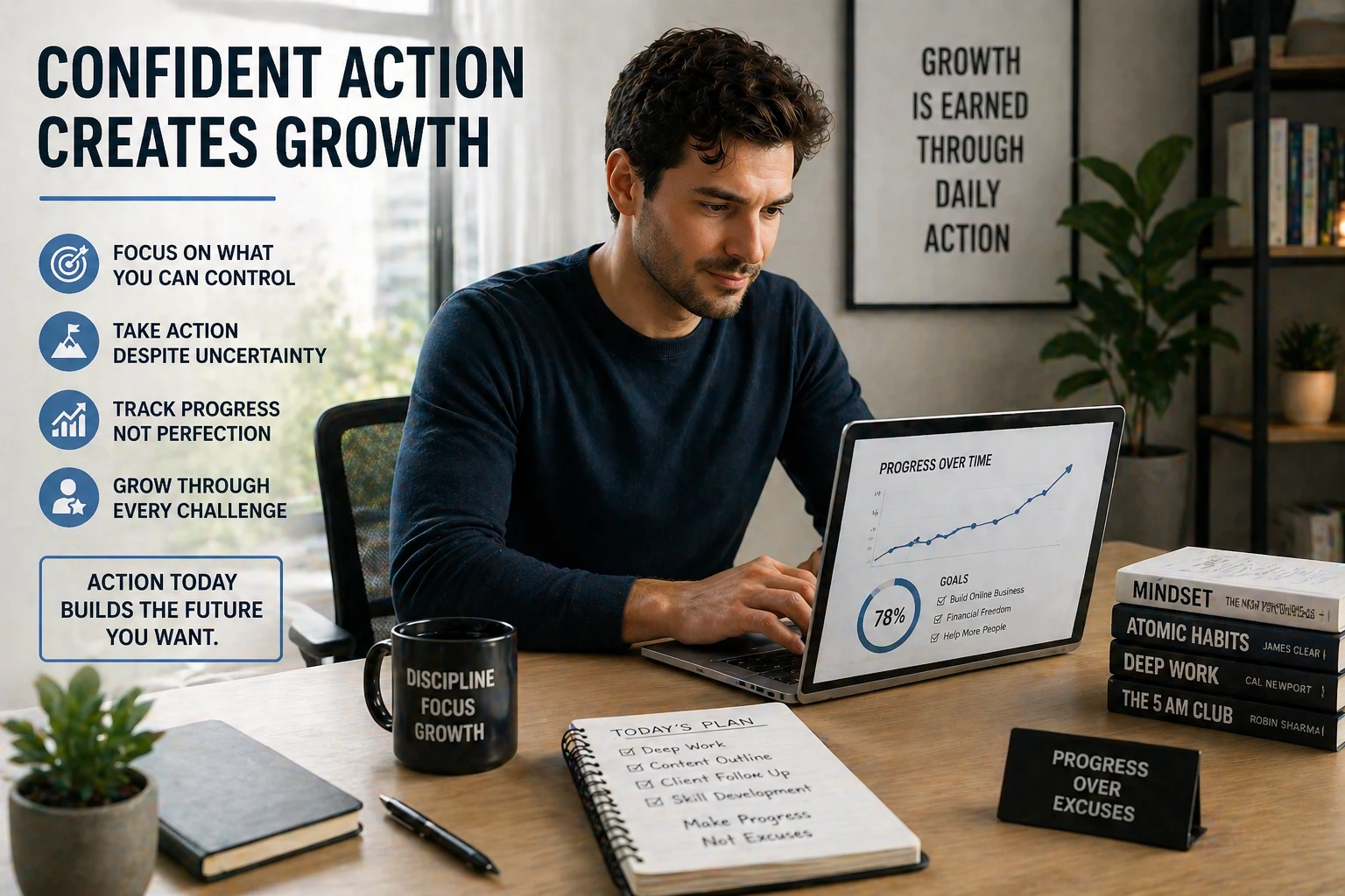 confident focused person taking action and building growth