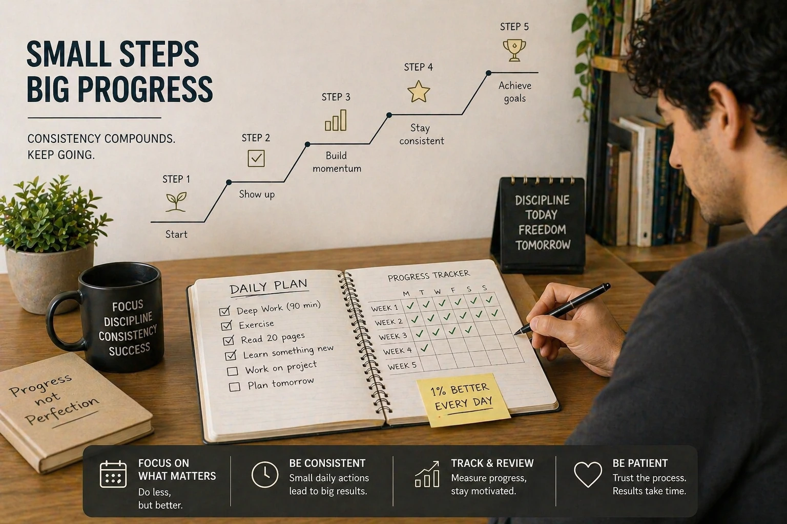 consistent progress through small daily steps and habits