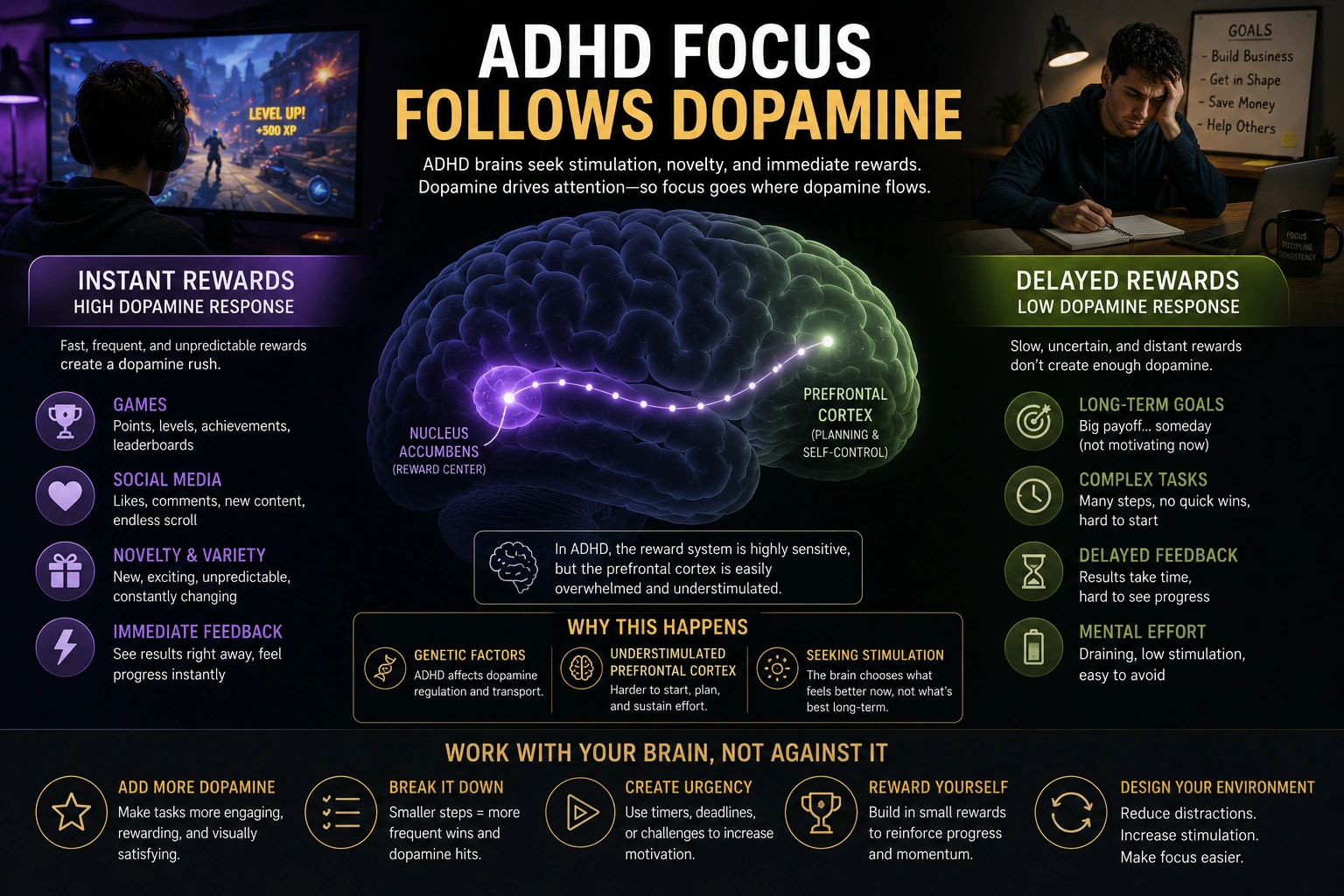 dopamine driven ADHD focus system and stimulation seeking behavior
