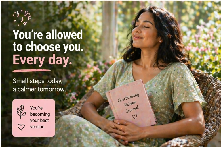 calm peaceful mom after reducing overthinking and mental stress