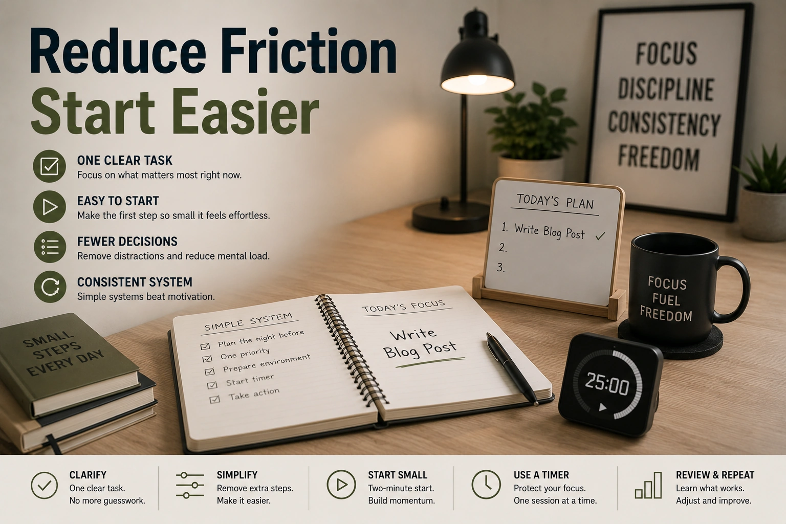 simple system reducing mental friction and overwhelm before work