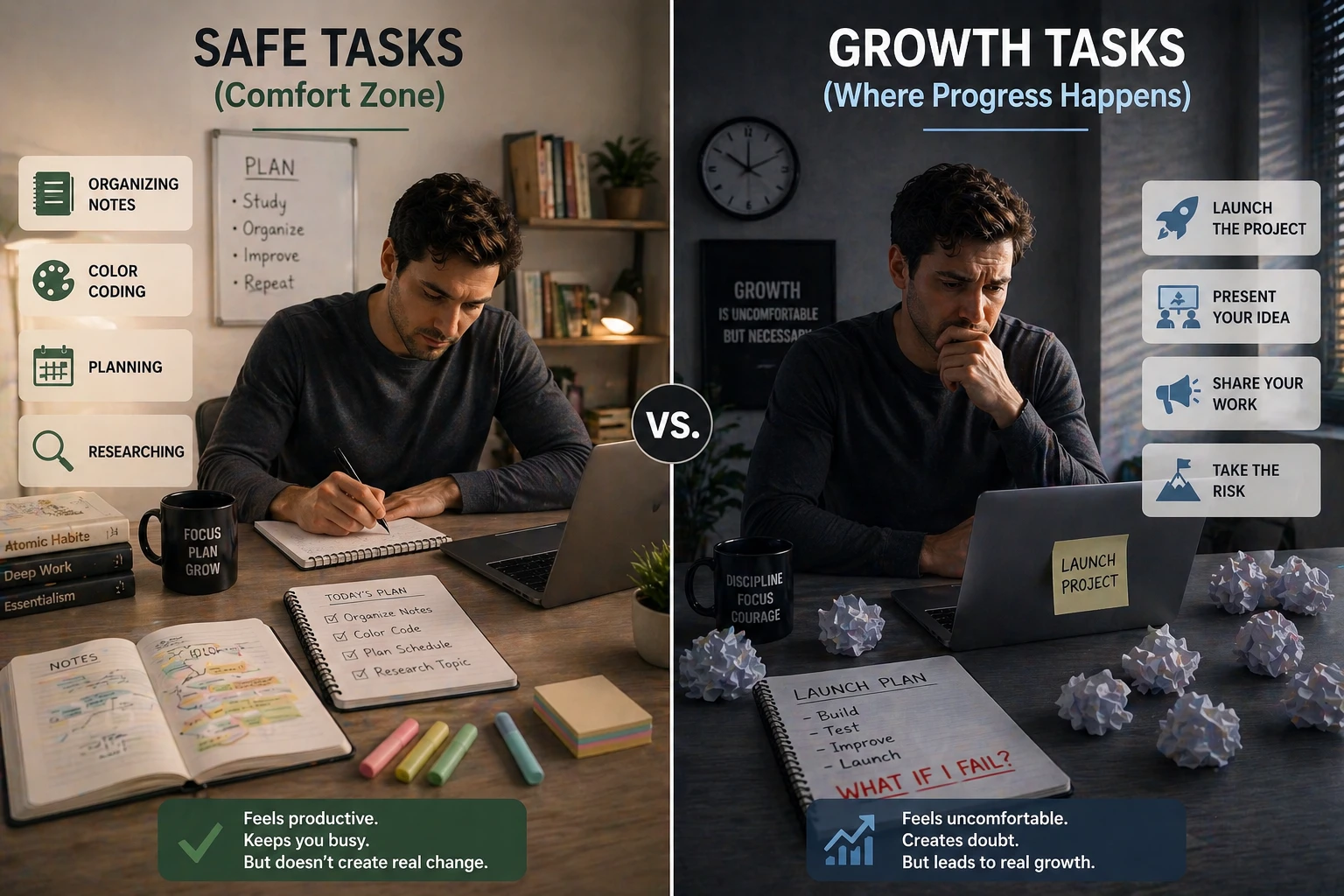 safe productive tasks versus risky growth tasks comparison