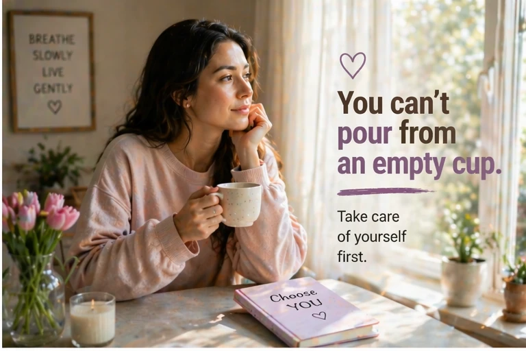mom enjoying a peaceful morning moment for self care and calmness