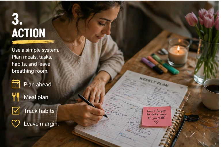 mom taking action using a simple weekly planning system at home