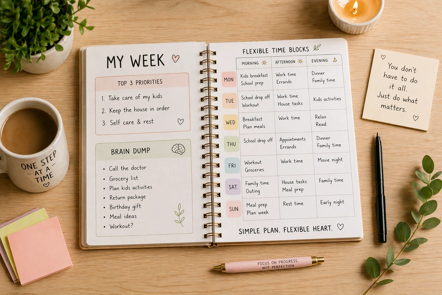 simple weekly planner for moms with flexible time blocks and priorities