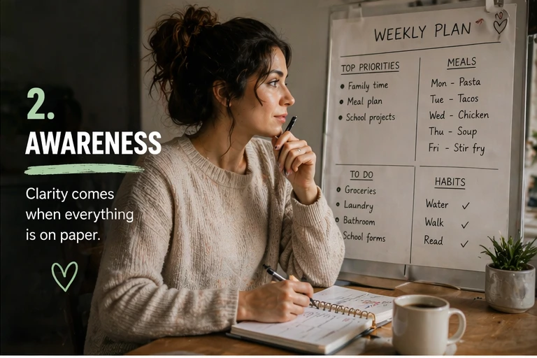 mom gaining awareness while planning her week with a planner